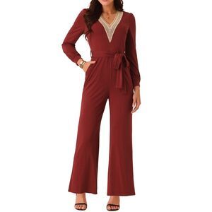 V Neck Jumpsuit Belted Stretchy Wide Leg Long Pant Romper  Wine Red